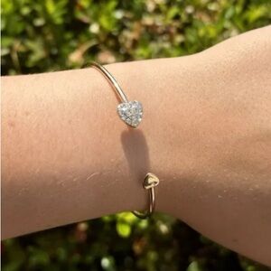 Gold Crystal Heart Bangle Cuff Open Adjustable Bracelet